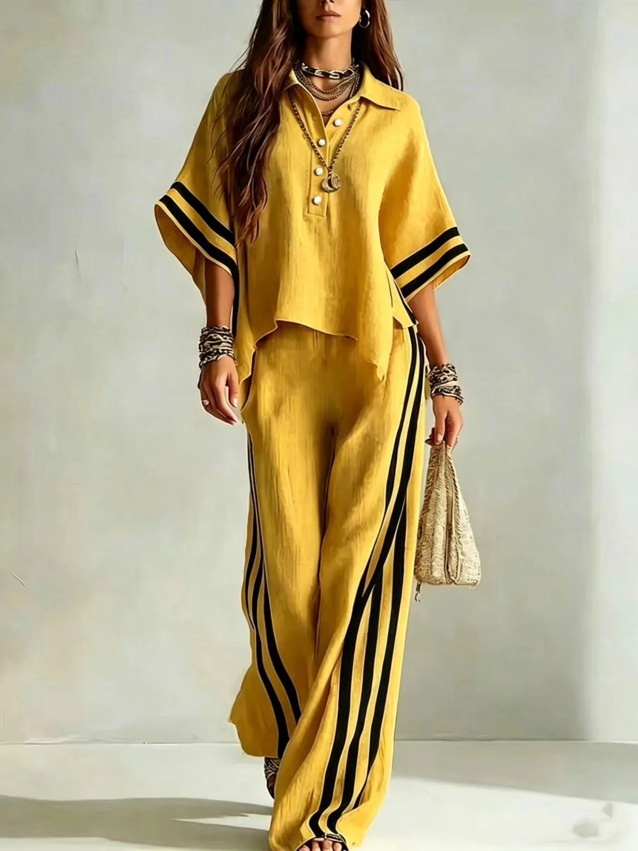 New Summer Women 2-Piece Outfit Three-quarter Sleeve Lapel T-shirt Tops + Loose Striped Pants Female Casual Boho  Matching Set