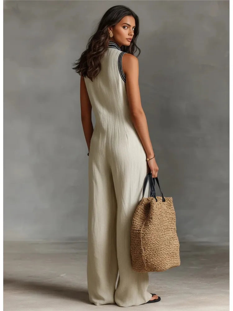 Women's New Sleeveless Jumpsuits Summer Fashion Stand Collar Loose Pocket Wide Leg Pants Jumpsuit Women's Holiday Party Jumpsuit