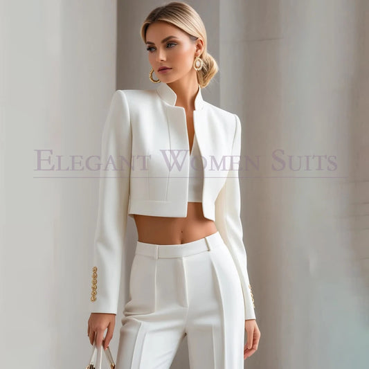 Formal White Cropped Women's Suits 2 Piece Jacket Pants Sets Elegant Pleat Trousers Bespoke Office Lady Clothing Blazer
