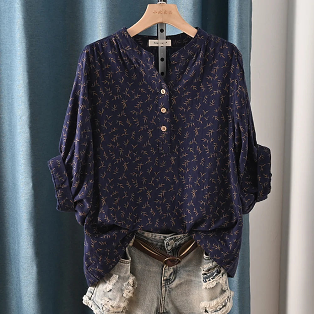 New Spring 100% Cotton Casual Shirt Women Batwing Sleeve Stand Collar Printed Top Girl OL Loose Blouses 2024 Summer T447104QM