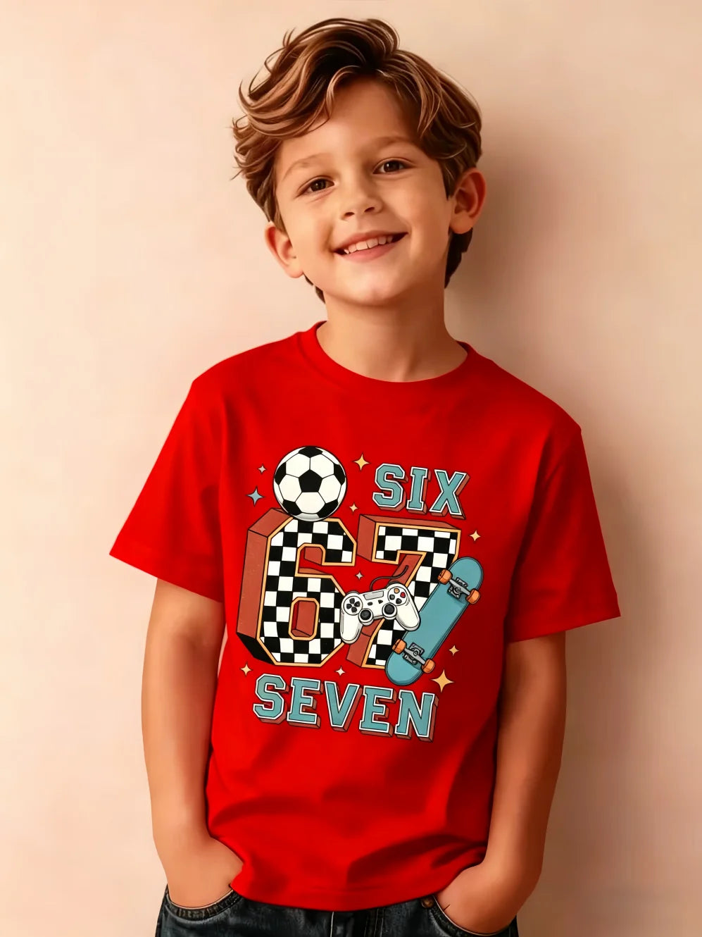 Summer Children's Clothing Fashion 67 Soccer Print Short Sleeve T-Shirt for a Boy Outdoor Street Sports O-Neck Kids Clothes Boys