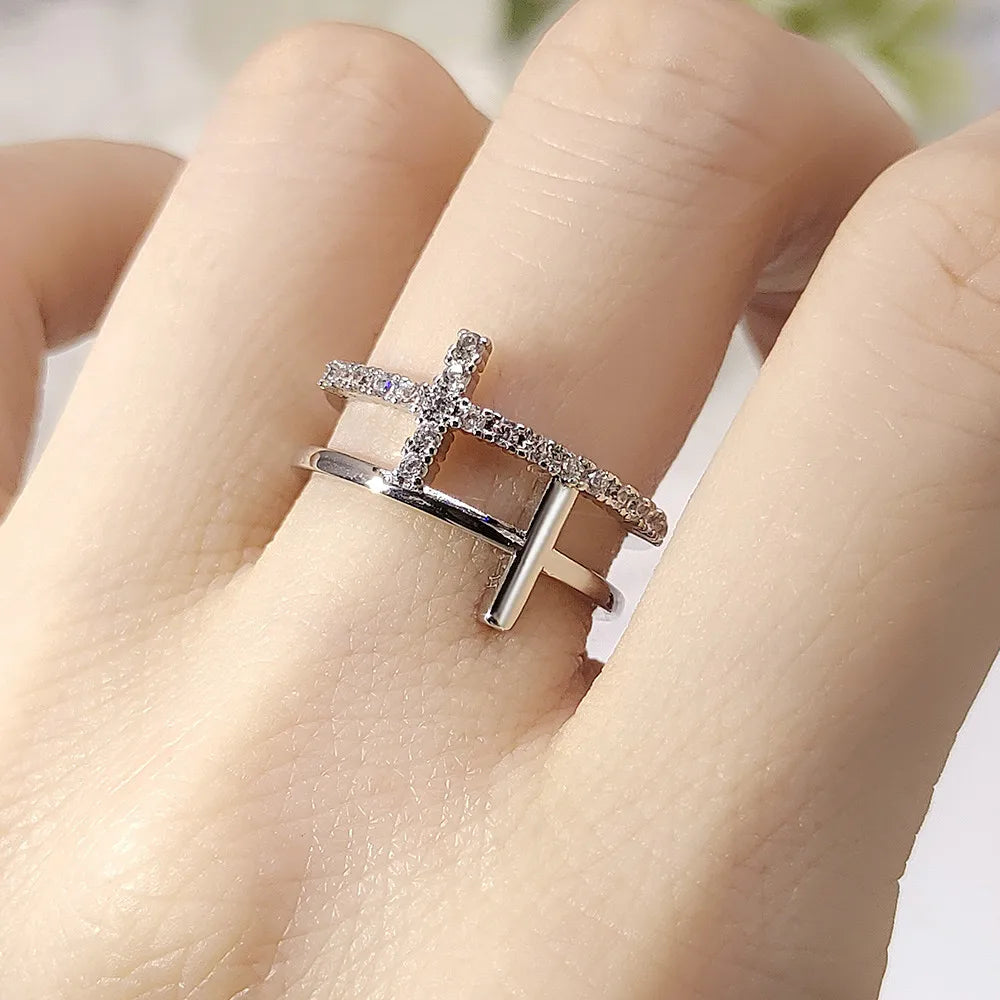 Korean Fashion Cross Crystal Rings For Women Personality Micro Pave CZ Thin Ring Finger Jewelry Daily Accessories Hot Gift R715