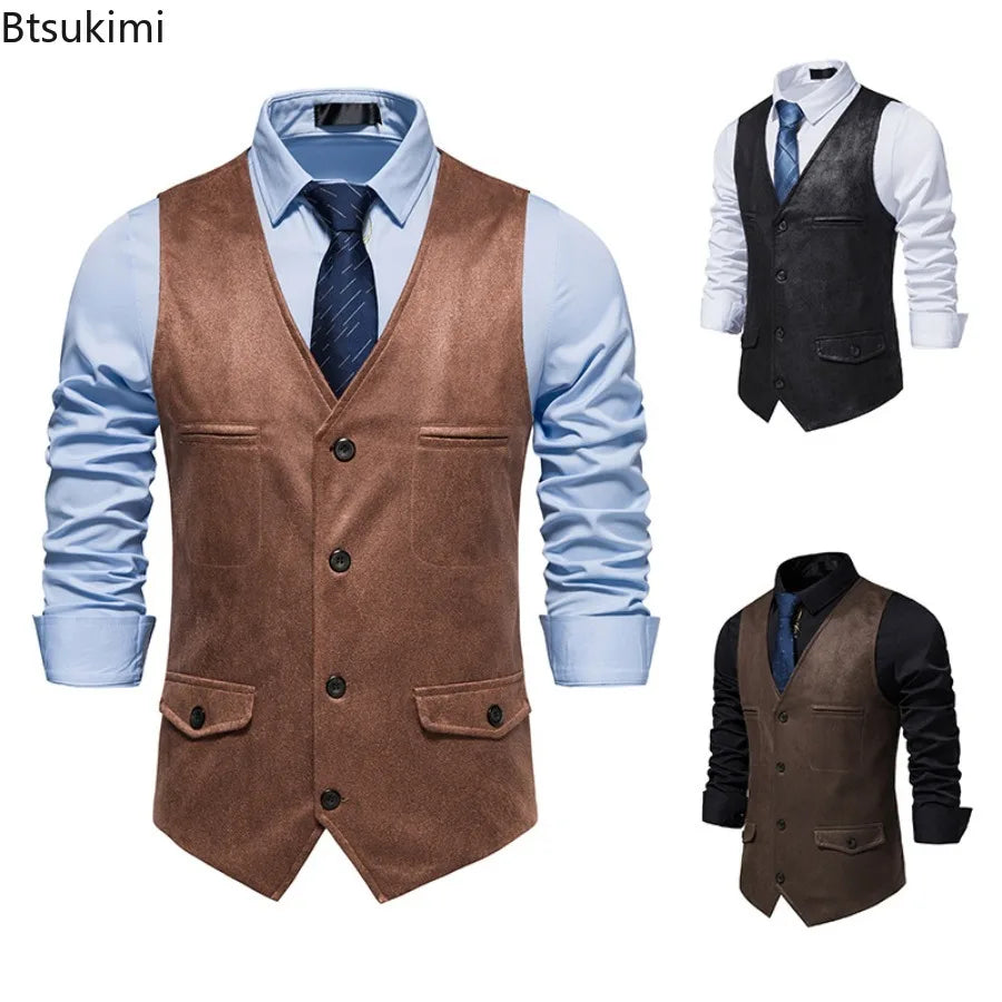 Fashion Men Clothing High Quality Suede Suit Vests Men's V Neck Sleeveless Business Formal Waistcoats Wedding Party Dress Vests
