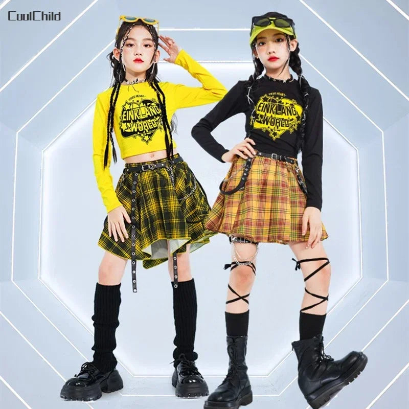 Hip Hop Kids Cool Crop Top K-pop Street Dance Cargo Pants Plaid Skirts Girls Streetwear Children Yellow Jazz Costume Clothes Set