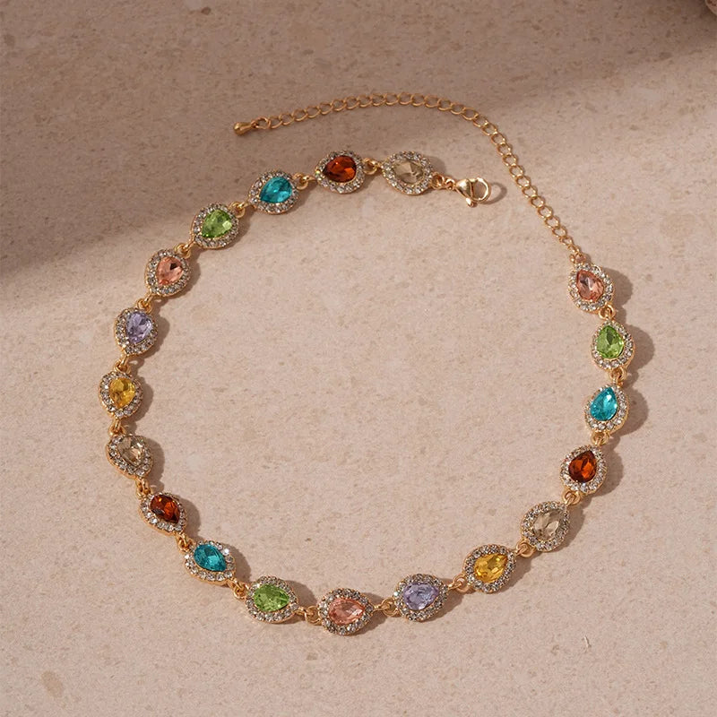 DREJEW Geometric Colorful Crystal Choker Necklaces for Women Clavicle Chain Necklaces Jewelry Bijoux for Party Gift Accessories
