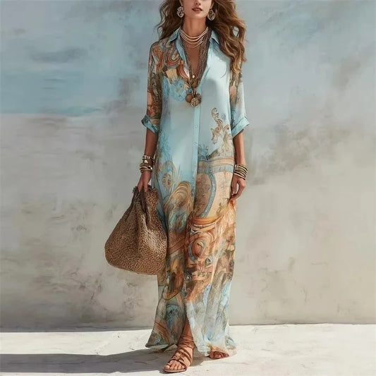 Elegant Shirt Dress For Women Chiffon Digital Print Turndown Collar Single-breasted Dresses Flowy Casual Boho Summer Clothing