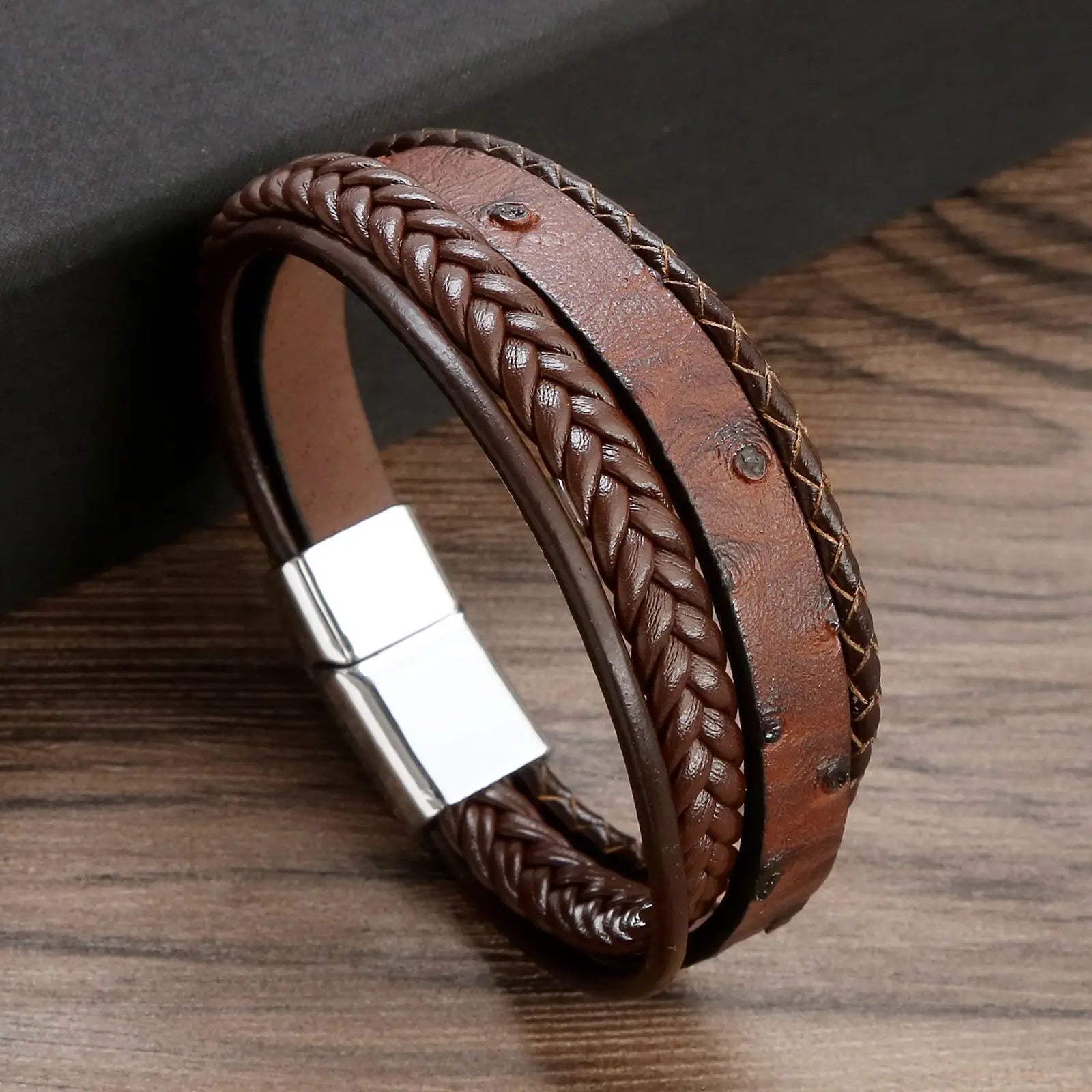 Classic 4-Layer Tiger Eye Stone Hand-Woven Leather Bracelets For Men Punk Fashion Alloy Magnetic Buckle Casual Bracelet Jewelry