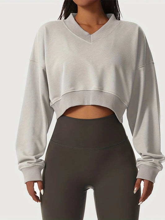 womens solid cropped long sleeve sweatshirts casual v neck pullover sports t shirts tops womens clothing