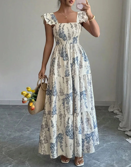 Women Neutral Boho Maxi Dress, Blue Fern Print Square Neck Ruffle Sleeve Smocked Sundress For Casual Holiday Vacation Wear