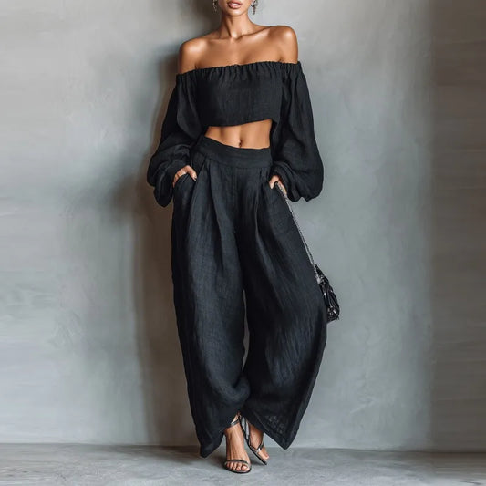 Women Outfit Off 2 Piece Shoulder Long Sleeve Top High Waisted Loose Wide Leg Pants Casual Pants Sets Fashion Commuting Outfits
