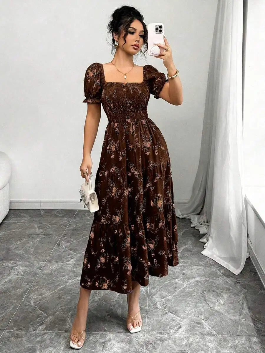 Women's Spring Summer Square Neck Pleated Short Sleeve Ruffle Hem Maxi Dress Ditsy Floral Casual Beach Boho Music Festival Dress