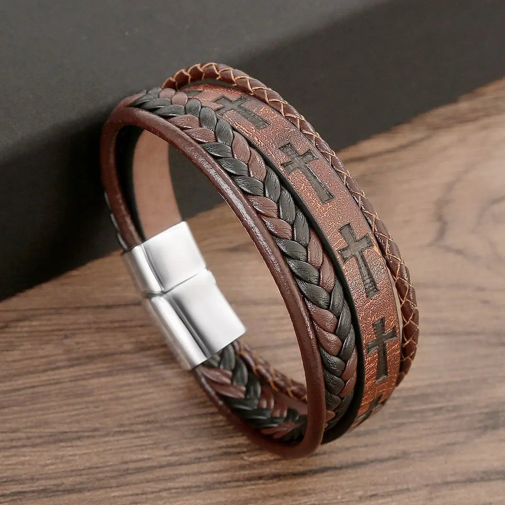 Classic 4-Layer Tiger Eye Stone Hand-Woven Leather Bracelets For Men Punk Fashion Alloy Magnetic Buckle Casual Bracelet Jewelry