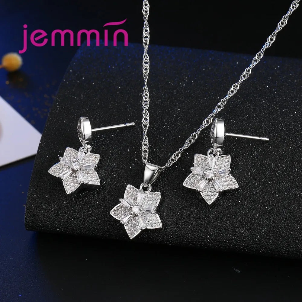 Elegant Genuine 925 Sterling Silver Shinning Crystal Flower Shape Wedding Jewelry Sets Earrings Necklace Sets Bridal Accessories