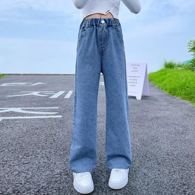 Teenage Girls Jeans 2026 Spring Autumn Casual Fashion Loose Blue Kids Leg Wide Pants School Children Trousers 6 8 10 12 Year