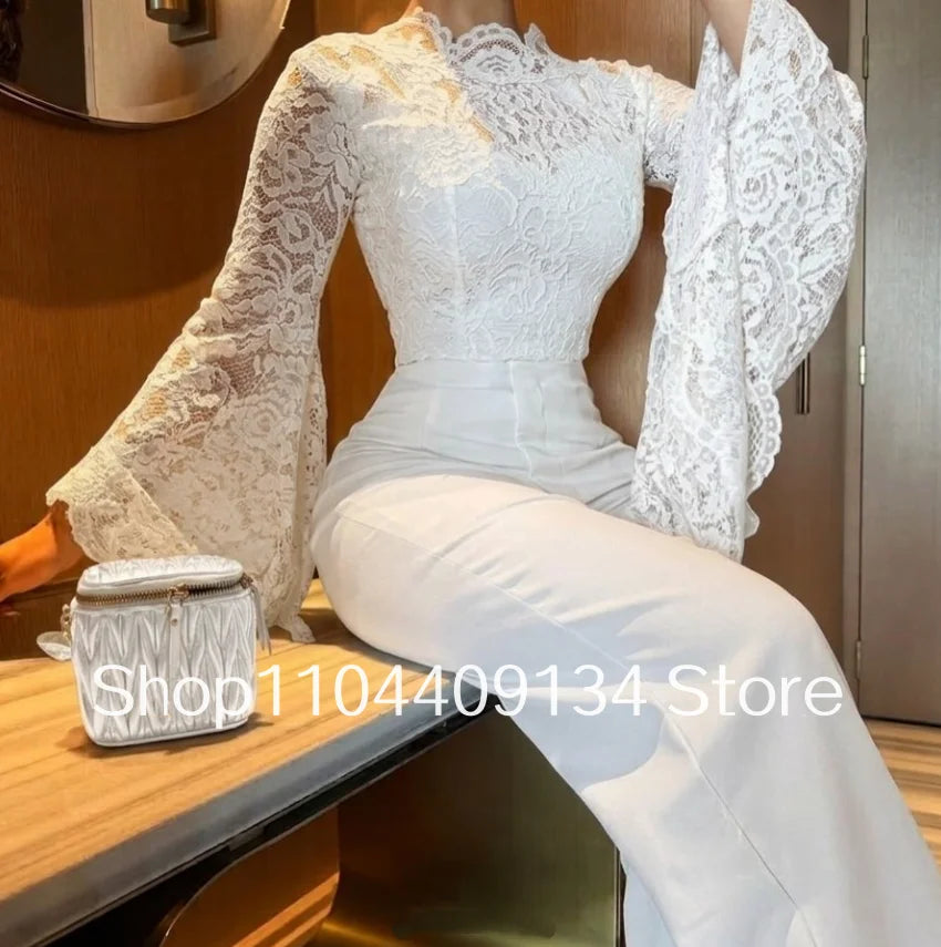 White Lace Trousers Formal Evening Gown Elegant Gowns Bell-Sleeves and Straight Trousers Arabic Prom Dress Customized vestido