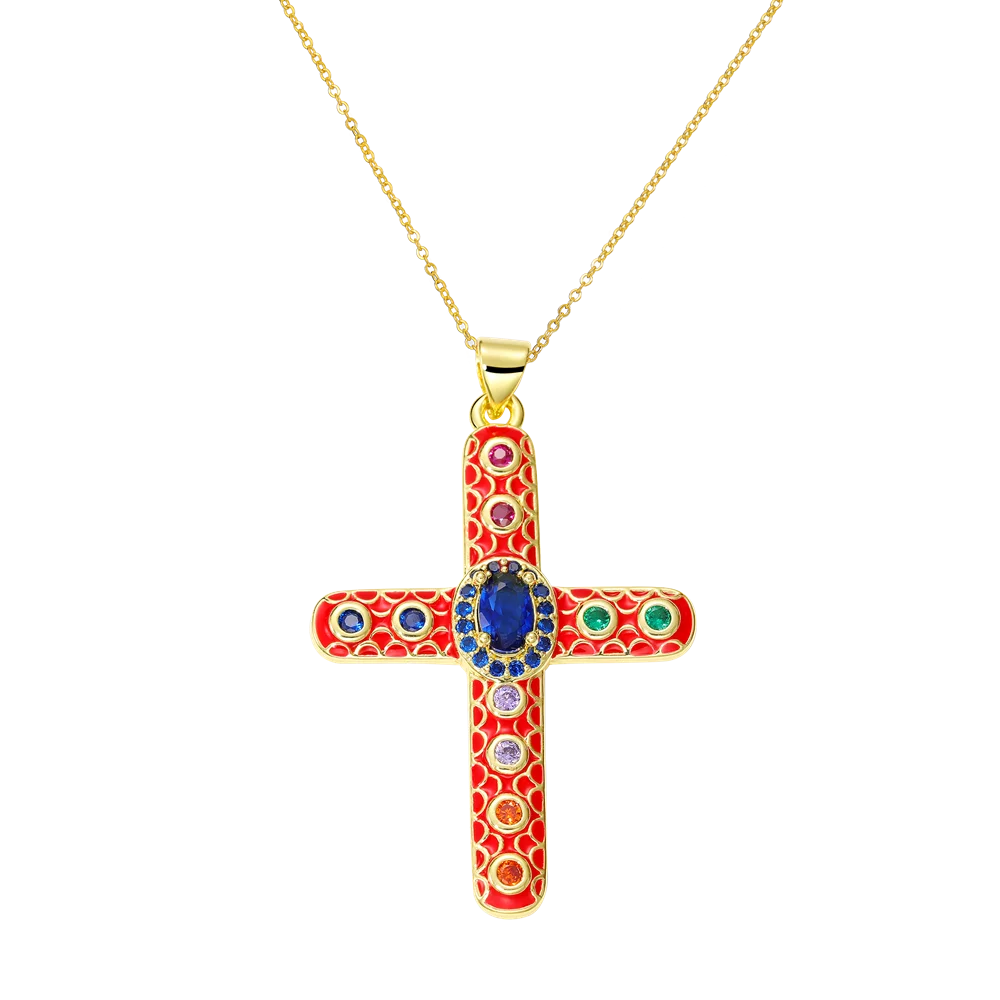Juya 18K Real Gold Plated Handmade Decoration Cubic Zirconia Enamel Cross Pendant Necklace For Women Christian Jewelry Supplies