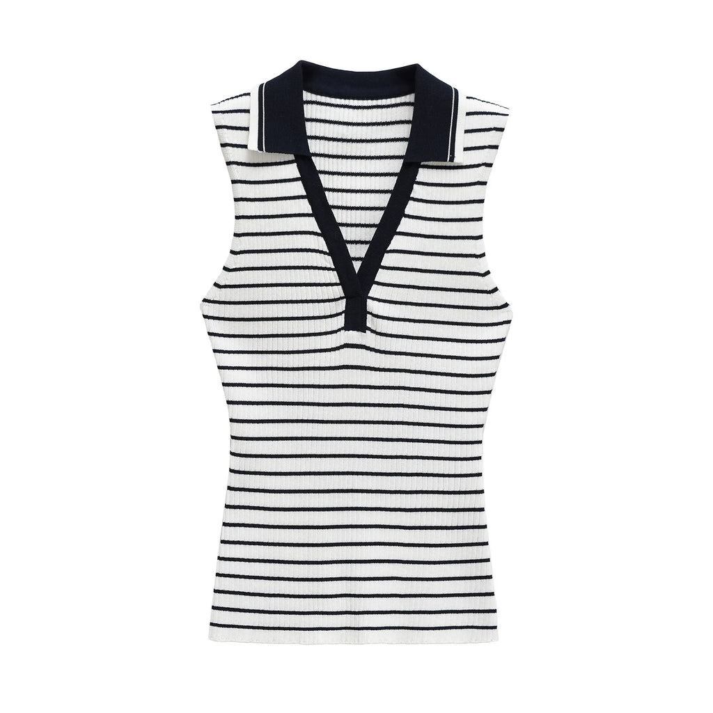 Women's clothing 2025 spring and summer European and American contrasting striped lapel vest women's T-shirt tops for women
