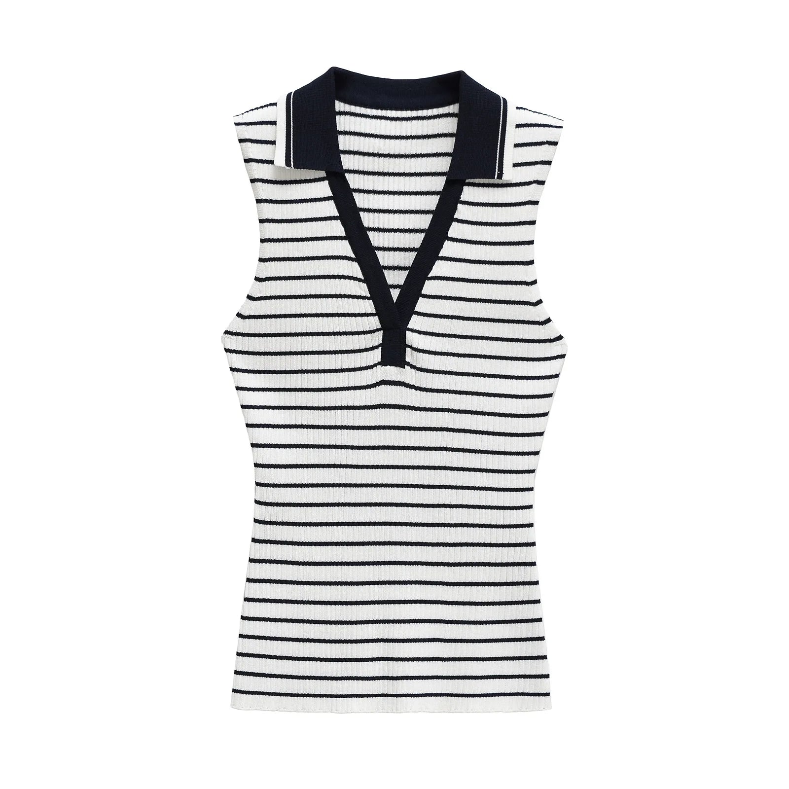 Women's clothing 2025 spring and summer European and American contrasting striped lapel vest women's T-shirt tops for women