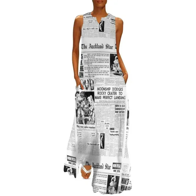 Newspaper Collage Print Dress Women Elegant Maxi Dress Street Style Casual Sleeveless Long Dress Summer V-Neck Pattern Vestidos