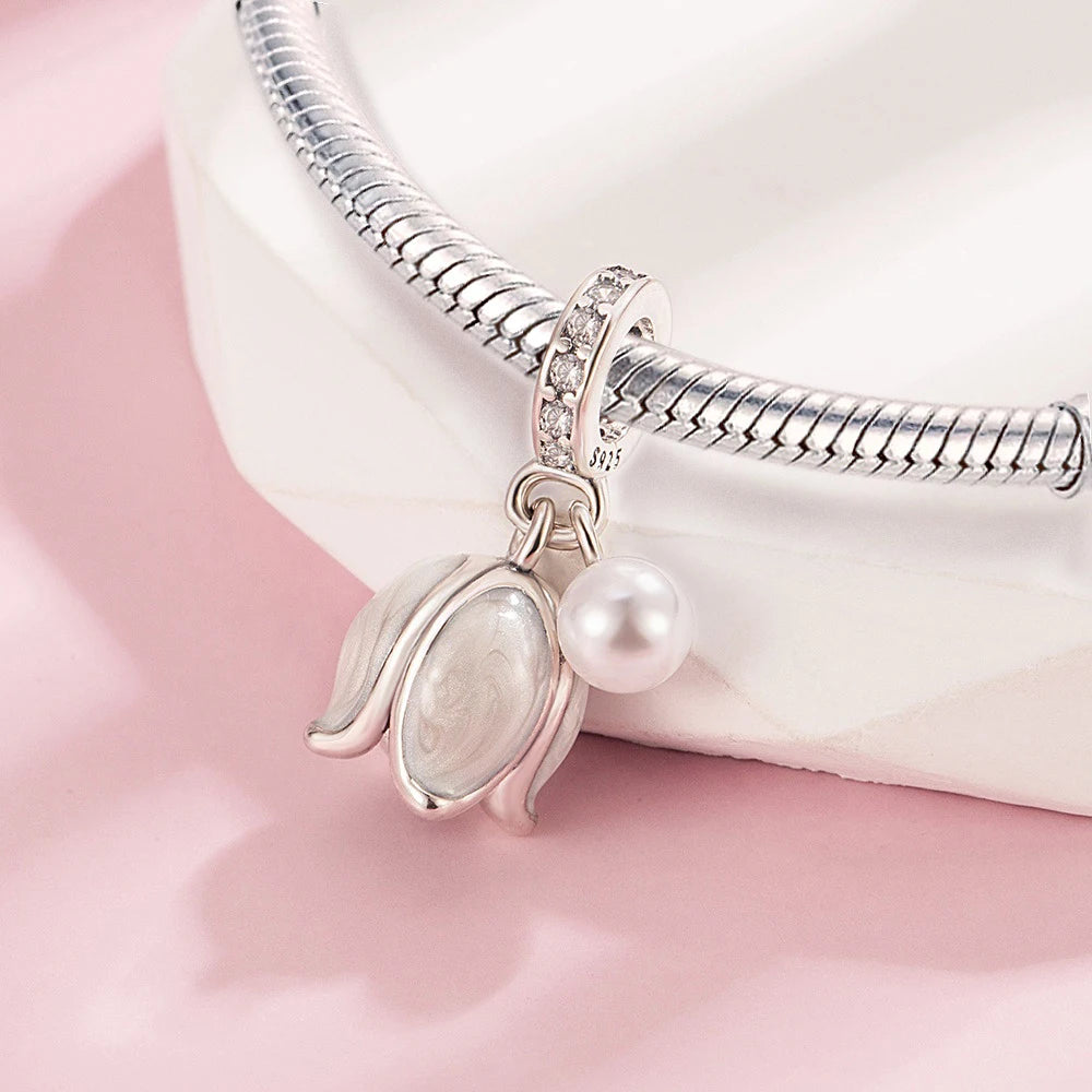 SilJew Original Silver Plated White Lily of the Valley with Pearl Dangle Charm Fit Bracelets & Necklaces Women Jewelry DIY Beads