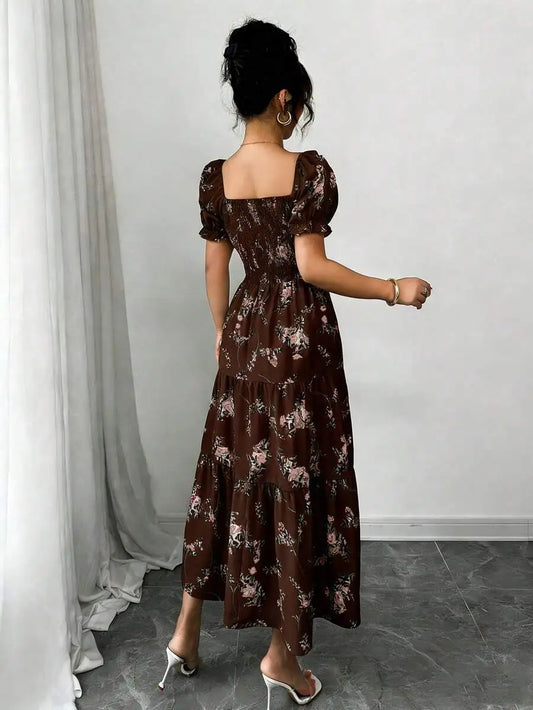 Women's Spring Summer Square Neck Pleated Short Sleeve Ruffle Hem Maxi Dress Ditsy Floral Casual Beach Boho Music Festival Dress