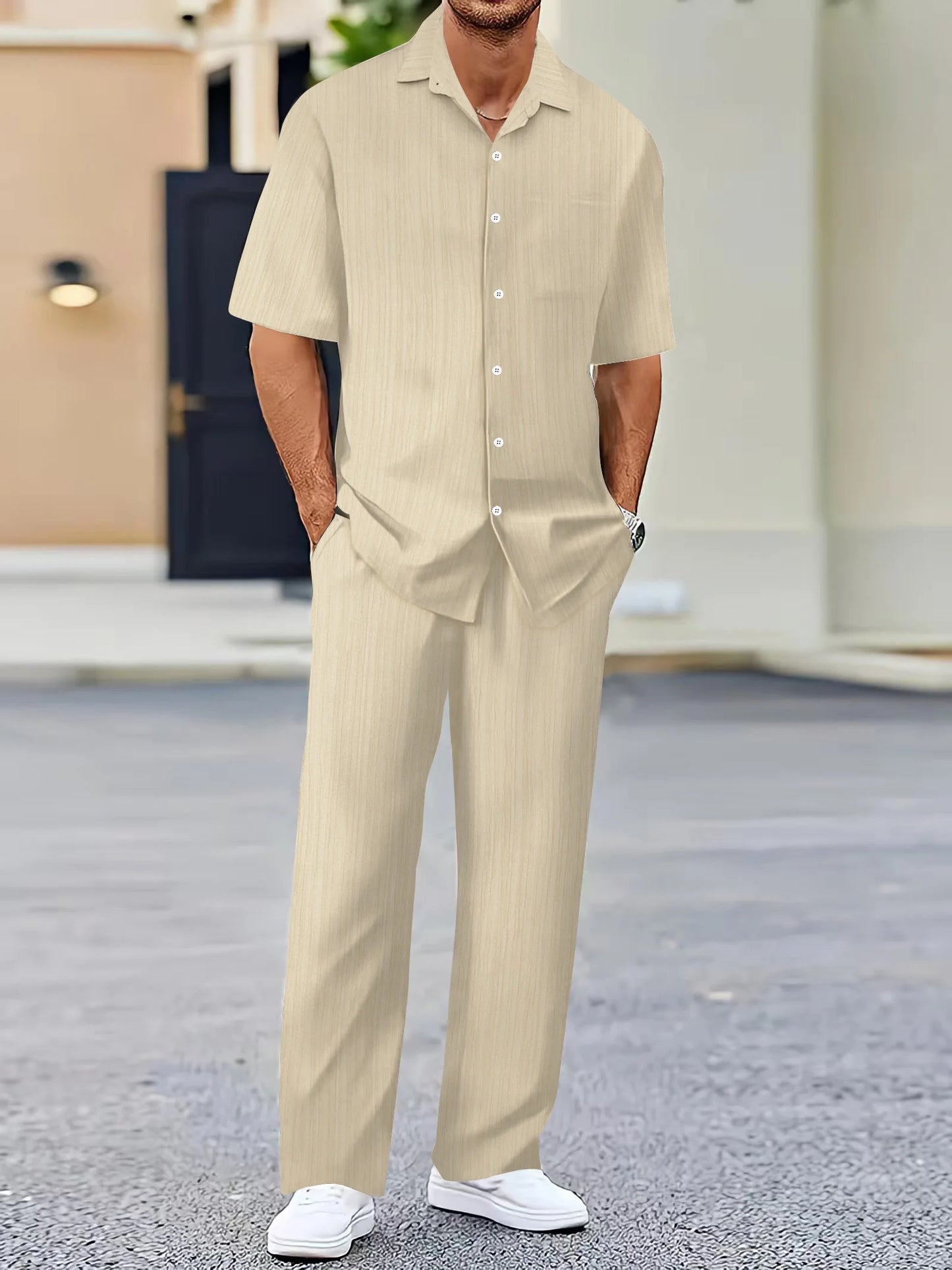 Men's casual suit, fashion comfortable linen solid color stand collar shirt street loose long sleeve two-piece