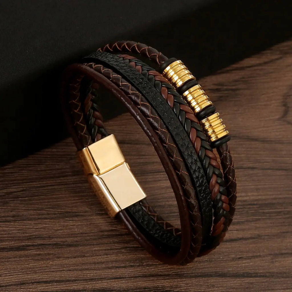 Classic 4-Layer Tiger Eye Stone Hand-Woven Leather Bracelets For Men Punk Fashion Alloy Magnetic Buckle Casual Bracelet Jewelry