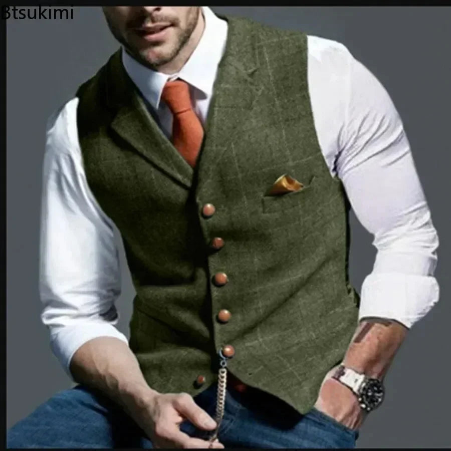 2026 Men's Formal Vests Lapel Tweed Plaid V-neck Waistcoat Slim Vest Business Formal Dress Suit Casual Wedding Tuxedo Male Vest