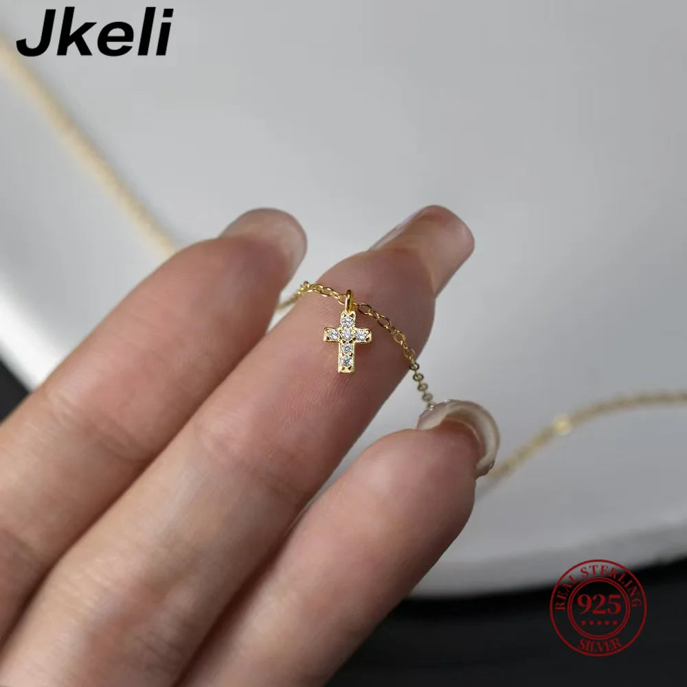 Jkeli 925 Sterling Silver Simple Pavé Crystal Cross Pendant Necklace Women Classic Temperament Wedding Party Jewelry  Gift