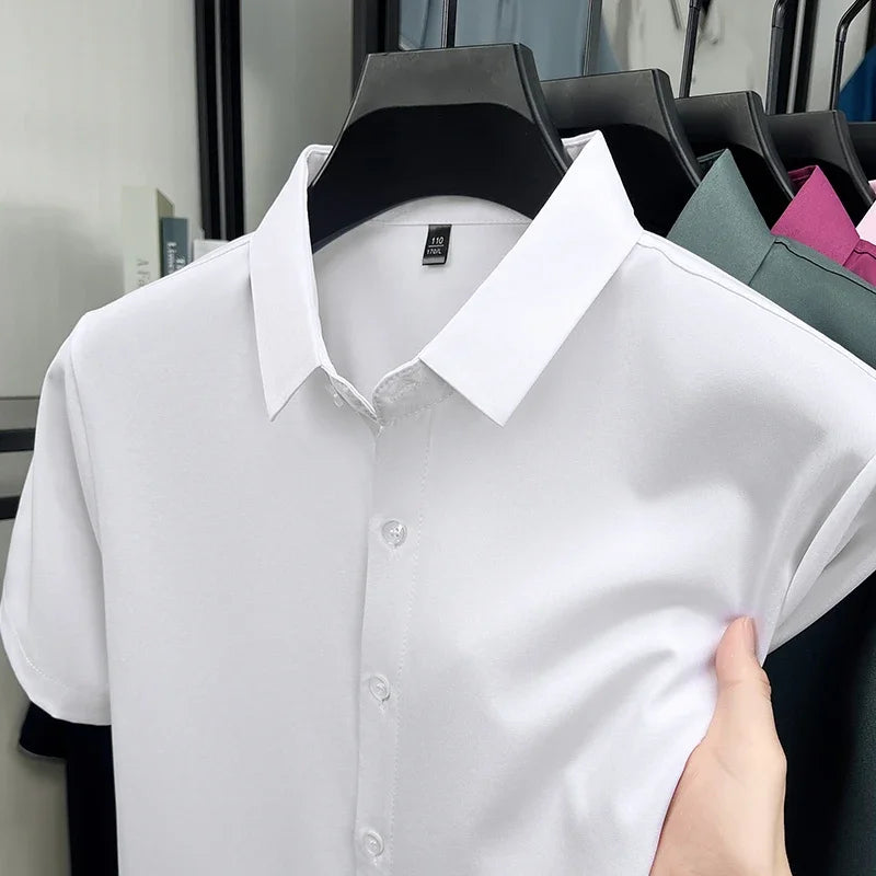 Mens Formal Short Sleeve Shirt Wrinkle Resistant Breathable Tops Slim Fit Button Up Shirts For Men Business Daily Wear Outfits