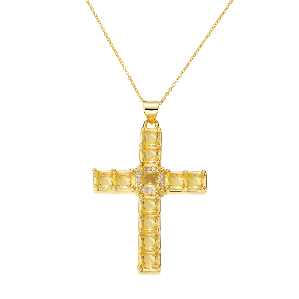 Juya 18K Real Gold Plated Handmade Decoration Cubic Zirconia Enamel Cross Pendant Necklace For Women Christian Jewelry Supplies