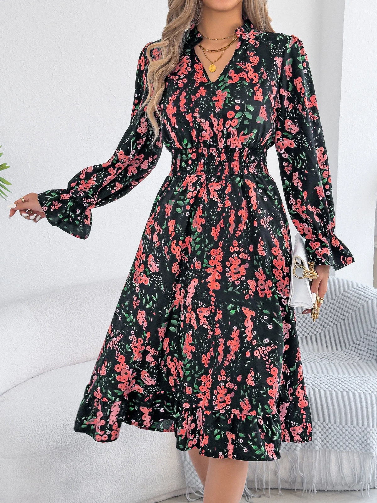 Women's Long Sleeve Ruffled A-Line Dress