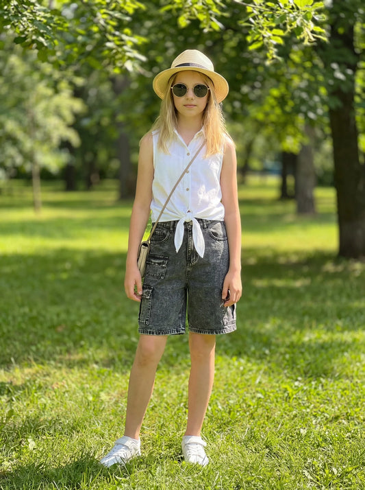 Teenage Girls 13-16 Years Old Workwear Multi-Pocket Five-Quarter Denim Jeans with Adjustable Waist And Snowflake Craft