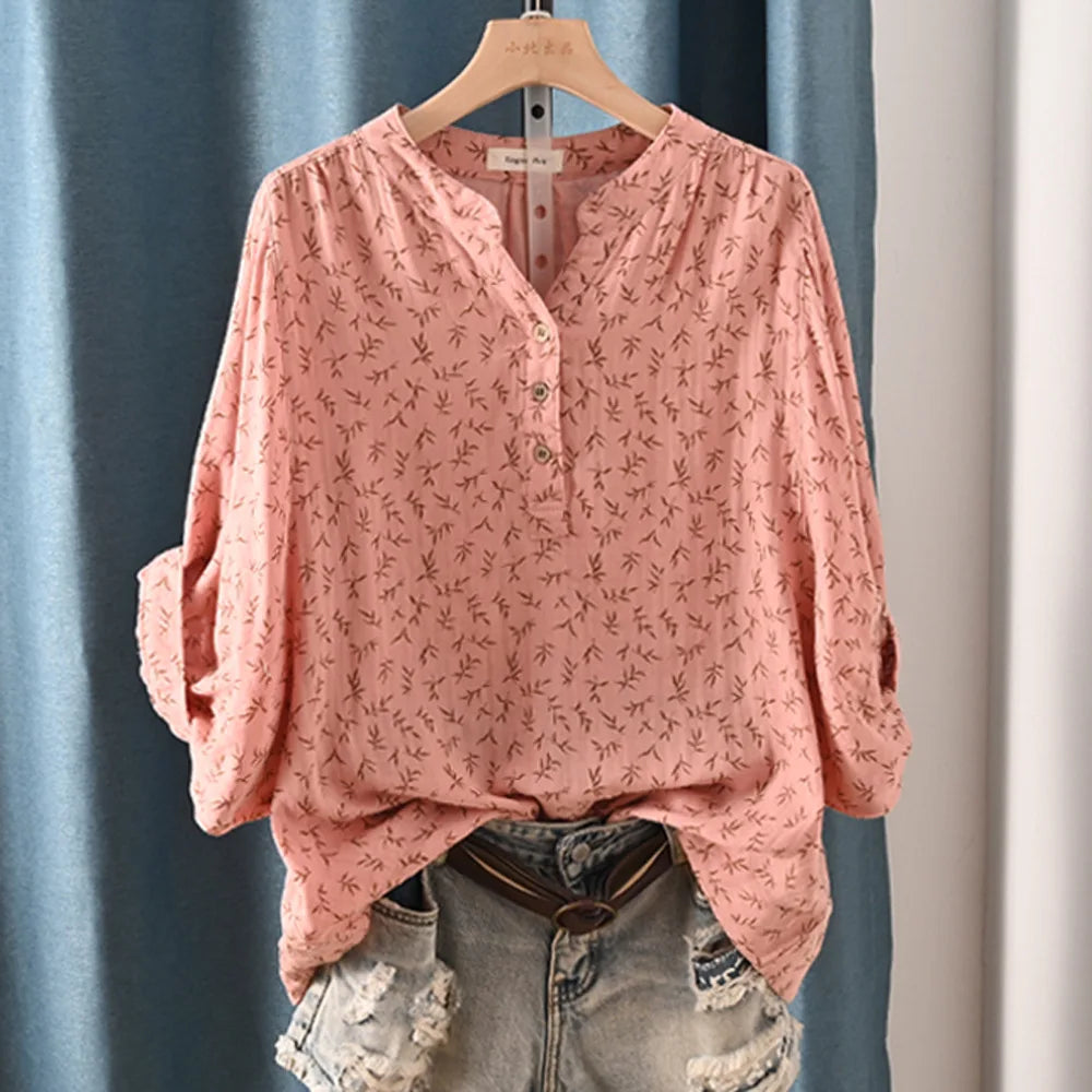 New Spring 100% Cotton Casual Shirt Women Batwing Sleeve Stand Collar Printed Top Girl OL Loose Blouses 2024 Summer T447104QM
