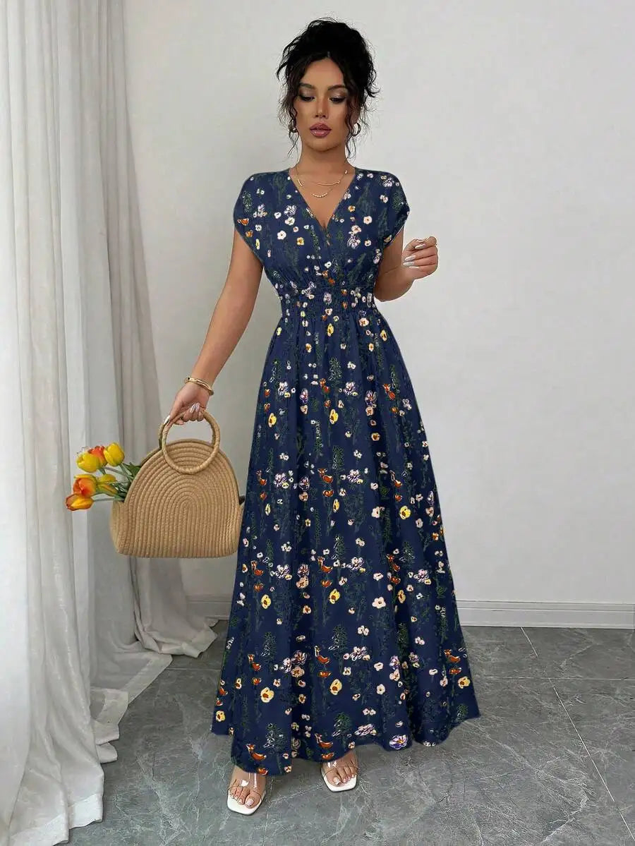 Women's Floral V-Neck Sleeveless Waist Cinched Maxi Dress Navy Blue Floral Summer Boho Holiday Tea Party