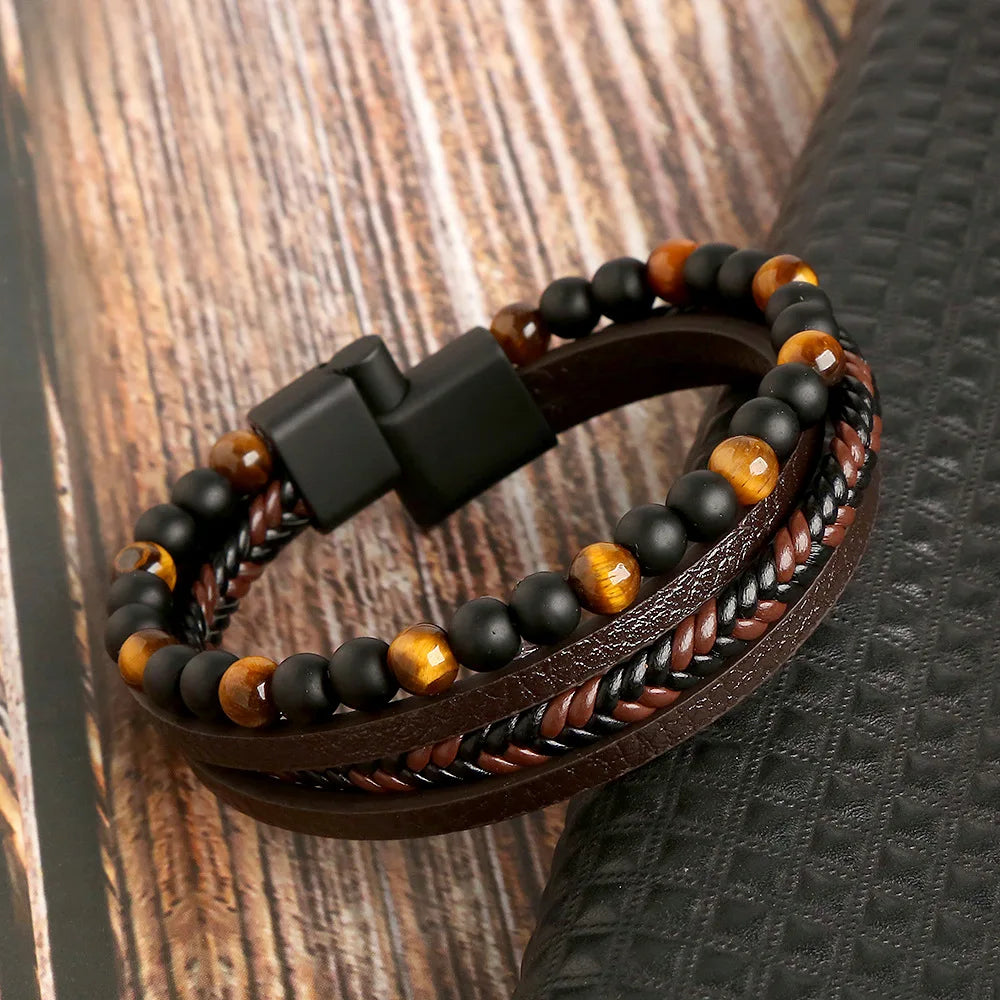 Classic 4-Layer Tiger Eye Stone Hand-Woven Leather Bracelets For Men Punk Fashion Alloy Magnetic Buckle Casual Bracelet Jewelry