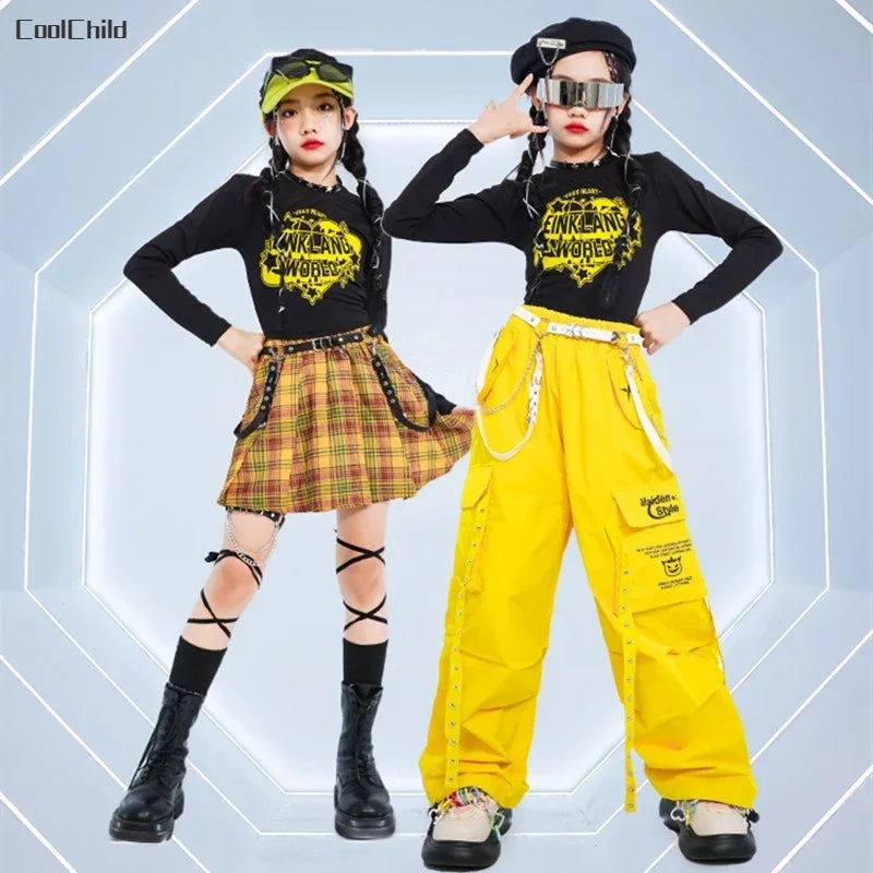 Hip Hop Kids Cool Crop Top K-pop Street Dance Cargo Pants Plaid Skirts Girls Streetwear Children Yellow Jazz Costume Clothes Set