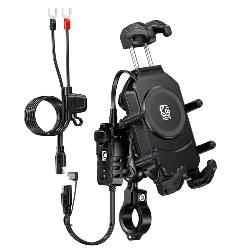 Anti-Theft Motorcycle Phone Mount with 15W Wireless Charger And 30W USB-C Charger for iPhone And Android Phones Handlebar Holder