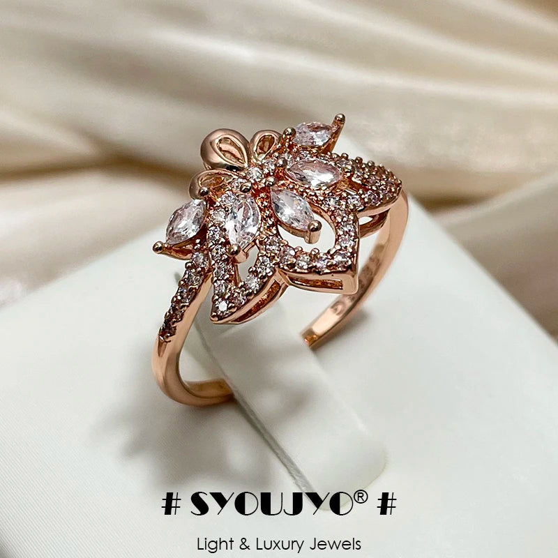 SYOUJYO Shiny Natural Zircon Ring For Women 585 Rose Gold Color Bride Wedding Fine Jewelry Flower Rings Gift