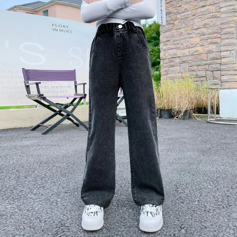 Teenage Girls Jeans 2026 Spring Autumn Casual Fashion Loose Blue Kids Leg Wide Pants School Children Trousers 6 8 10 12 Year
