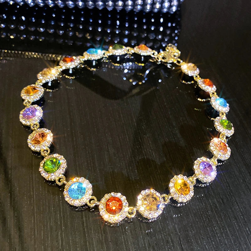 DREJEW Geometric Colorful Crystal Choker Necklaces for Women Clavicle Chain Necklaces Jewelry Bijoux for Party Gift Accessories