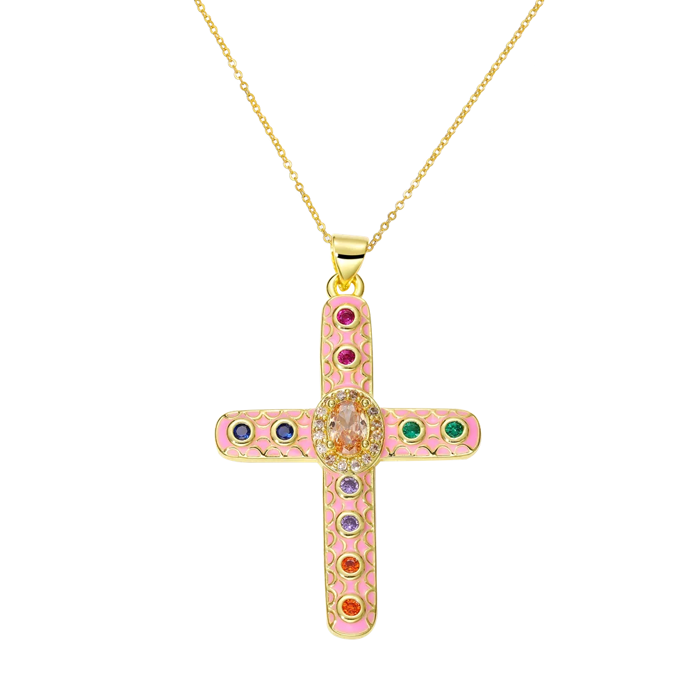Juya 18K Real Gold Plated Handmade Decoration Cubic Zirconia Enamel Cross Pendant Necklace For Women Christian Jewelry Supplies