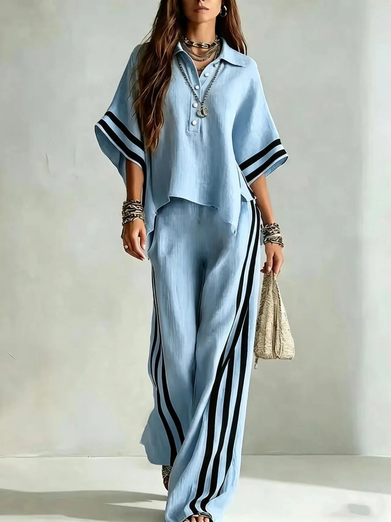 New Summer Women 2-Piece Outfit Three-quarter Sleeve Lapel T-shirt Tops + Loose Striped Pants Female Casual Boho  Matching Set