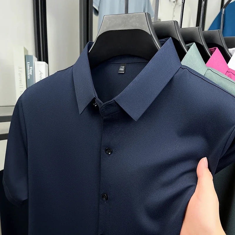Mens Formal Short Sleeve Shirt Wrinkle Resistant Breathable Tops Slim Fit Button Up Shirts For Men Business Daily Wear Outfits