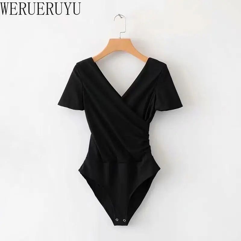Sexy Elegant Bodysuit Womens Summer Clothes Short Sleeve V-neck T-shirt Tops White Black Streetwear Bodycon Jumpsuits for Women