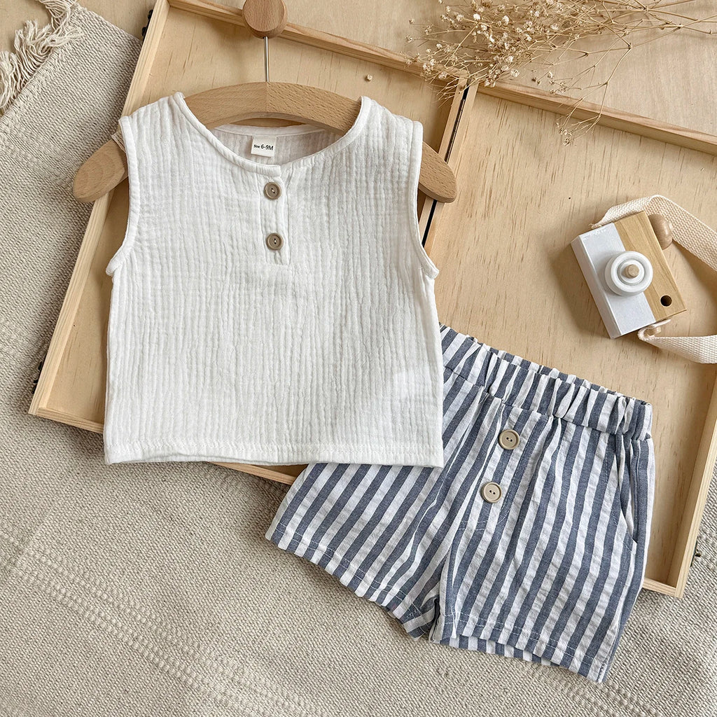 Summer baby clothes  solid color boys striped sleeveless T-shirt Stripe shorts set breathable girls vest  shorts set 0-3Y
