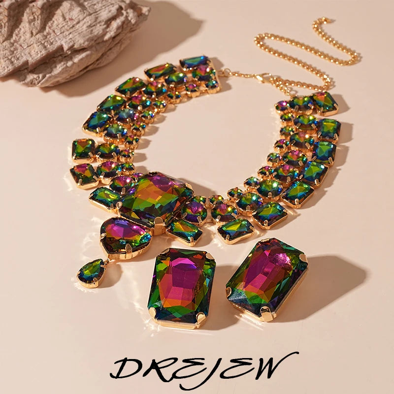DREJEW Exaggerated Inlaid Rhinestone Heart Jewelry Set for Women Geometric Personality Earring European and American Necklace