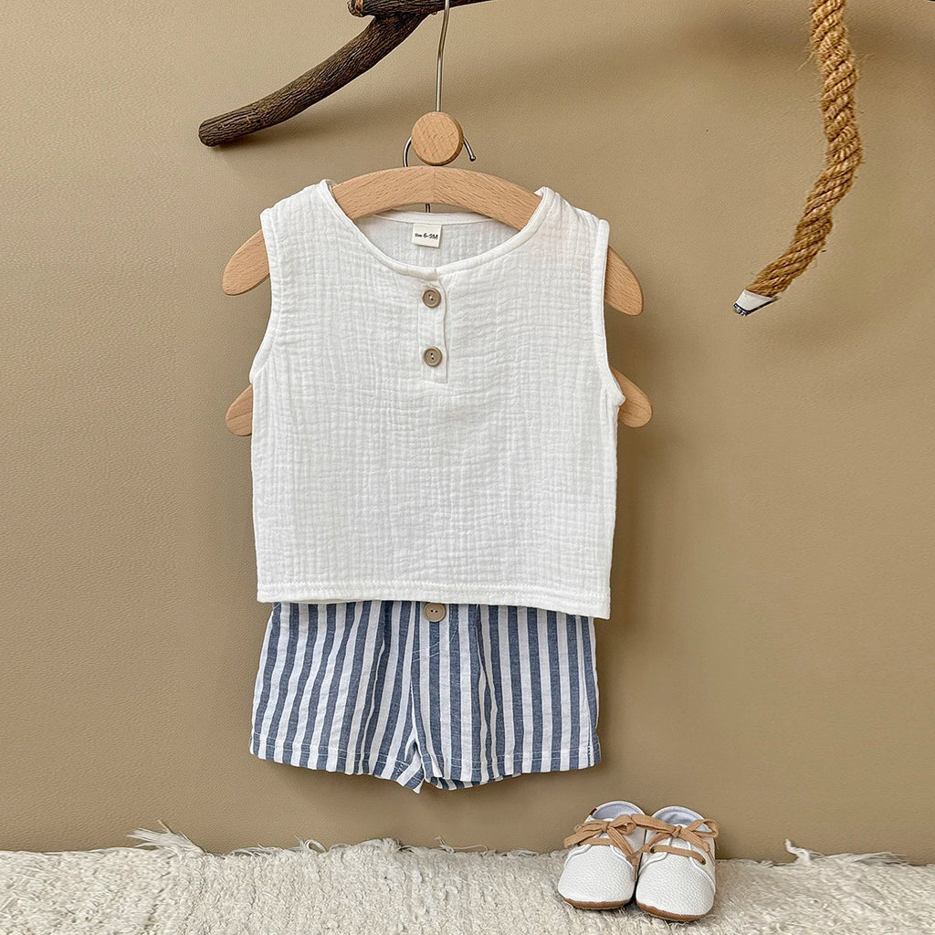 Summer baby clothes  solid color boys striped sleeveless T-shirt Stripe shorts set breathable girls vest  shorts set 0-3Y