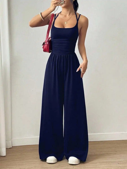 2026 Women's Spring/Summer Navy Blue Wide Leg Jumpsuit Casual Pleated Loose Fit for Night out