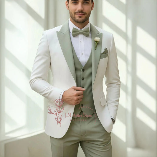 Men's Formal Suit White Blazer Sage Green Vest Pants 3-Piece Set Custom Partywear Wedding Tuxedo Groomsmen Green Outfit